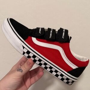 Vans Old Skool V Red Black Checkerboard Velcro Shoes Women's 9 Racing Red